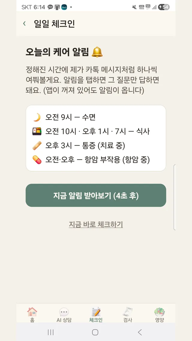 일일 체크인 화면 — 시간대별 수면·식사·통증·항암 부작용 케어 알림